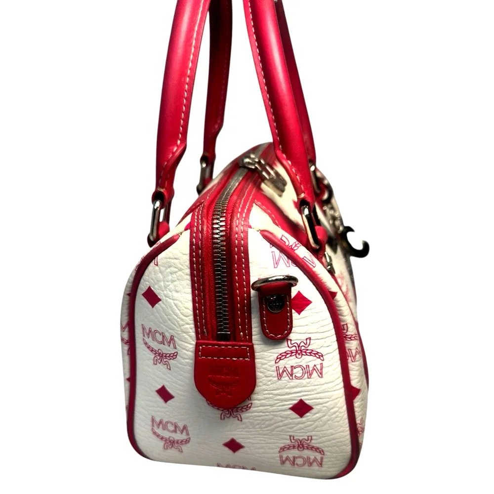MCM Small Boston bag White Pink Visetos Satchel with Charm~Chain strap~Twilly